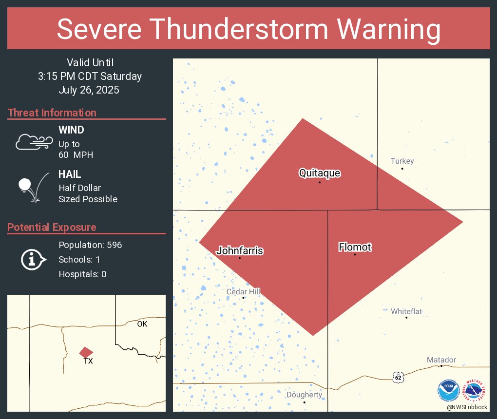 NWSLubbock's tweet image. Severe Thunderstorm Warning including Quitaque TX, Flomot TX and Johnfarris TX until 3:15 PM CDT