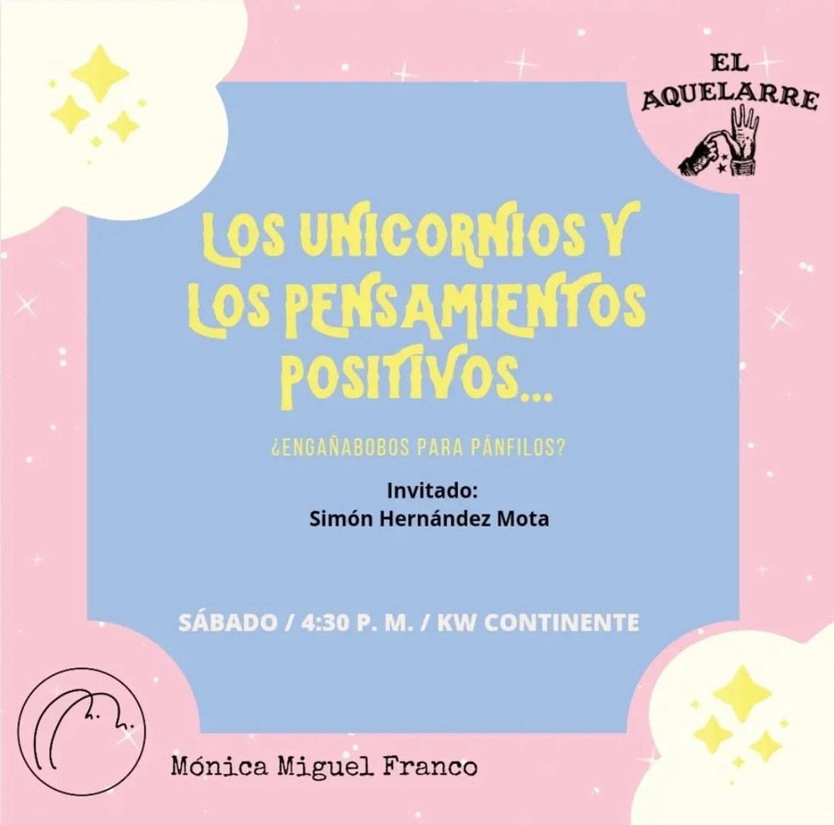 Te dicen que debes vibrar alto y resonar con el Universo. Si no tienes prosperidad es porque no decretas. Enarbolando lanzas de luz llenas de escarcha y brillibrilli <a href="/aullidodeloba/">Mónica Miguel Franco</a> y <a href="/coachingsimon/">Simón Eduardo</a> serán nuestros guías iluminados.
A las 4:30 p. m. por <a href="/KWCONTINENTE/">KW Continente</a>