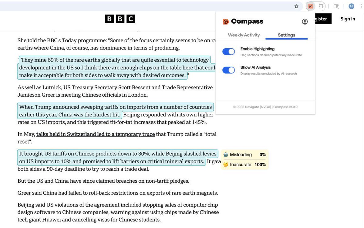 navigate_ai's tweet image. Tired of fake news slipping through?
Introducing Compass: Your Al fact-checker that works everywhere you read:
• Instant verification
• Zero data collection
• Works with major news sites
Don't just read the news. Know it's true.
🧭 buff.ly/zQ6a0kP