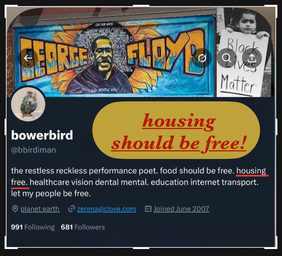 bbirdiman's tweet image. just as humans need food,
we need housing. a place to live.
to eat, sleep, and dream.
four walls, a roof, and a floor.
a place to call home.