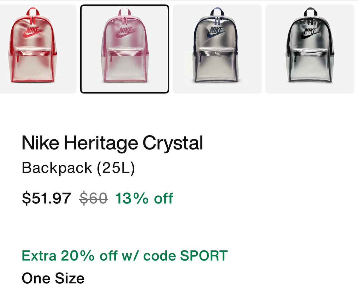JerLisa_Nicole's tweet image. Dallas schools have to use clear or mesh backpacks and there aren’t many cool options.

These Nike Heritage Crystal backpacks are currently on sale AND an extra 20% off making them $41.58 in cart. There are 4 colorways. It would be cool if the community could come together for 20