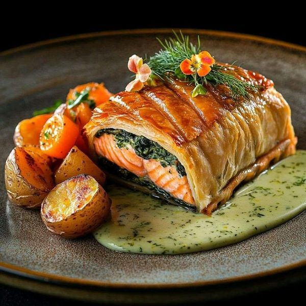 Salmon Wellington with Spinach, Roasted Baby Potatoes, Glazed Carrots, and Dill Cream Sauce