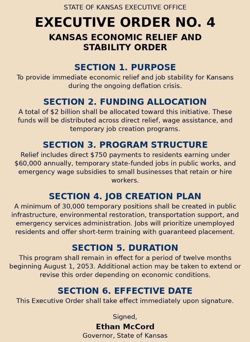 EthanMcCordUSGS's tweet image. I signed Executive Order No. 4 to take immediate and meaningful action for the people of Kansas.
This order provides direct economic relief, emergency job creation, and wage support for those hit hardest by the ongoing deflation crisis. We are investing two billion dollars into…