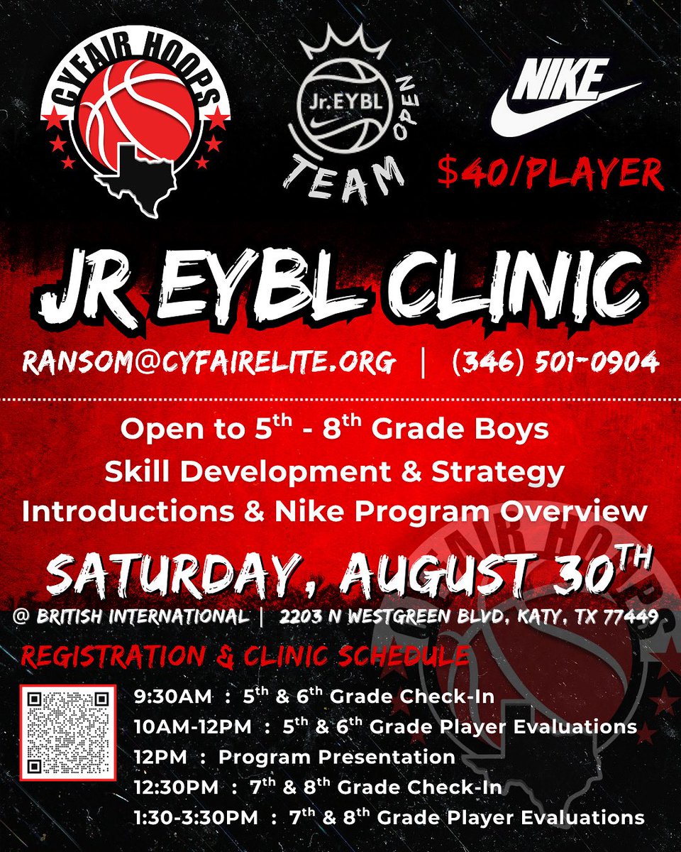 CFEliteSports's tweet image. Cy Fair Elite Jr. EYBL Clinic | This is where it starts! ⏰
Save The Date 👇
#cyfairelite #nikegirlseybl #cyfairfamily