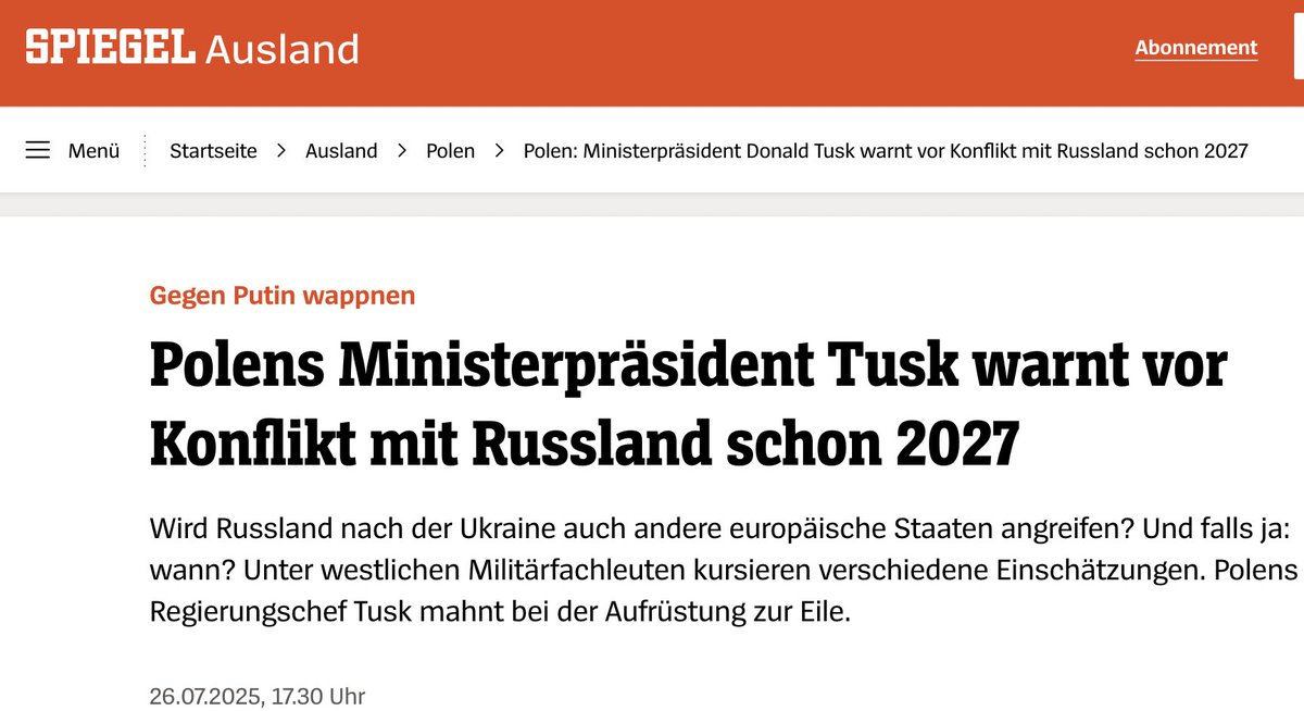 KlocknerMarcus's tweet image. &quot;Gegen Putin wappnen
Polens Ministerpräsident Tusk warnt vor Konflikt mit Russland schon 2027&quot;
Wir sehen, wie ein Krieg regelrecht herbeigeredet und herbei-&quot;berichtet&quot; wird.