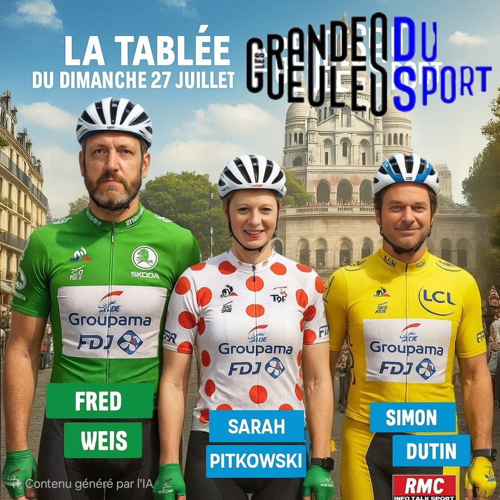 micka46🐦 (@plouy17) on Twitter photo Demain dans les <a href="/GGsportRMC/">Les Grandes Gueules du Sport - RMC</a>
Ils arrivent enfin sur Paris pour le grand final du #TDF2025
Garderont ils leurs maillots
<a href="/SarahPitko/">Sarah Pitkowski</a> la meilleure grimpeuse
<a href="/Bigfredstyle/">Fred Weis</a> le meilleur sprinteur et <a href="/simon_dutin/">Simon Dutin</a> maillot jaune depuis 3 semaines
Soyez a l écoute de #rmclive 9h00 Demain dans les <a href="/GGsportRMC/">Les Grandes Gueules du Sport - RMC</a>
Ils arrivent enfin sur Paris pour le grand final du #TDF2025
Garderont ils leurs maillots
<a href="/SarahPitko/">Sarah Pitkowski</a> la meilleure grimpeuse
<a href="/Bigfredstyle/">Fred Weis</a> le meilleur sprinteur et <a href="/simon_dutin/">Simon Dutin</a> maillot jaune depuis 3 semaines
Soyez a l écoute de #rmclive 9h00