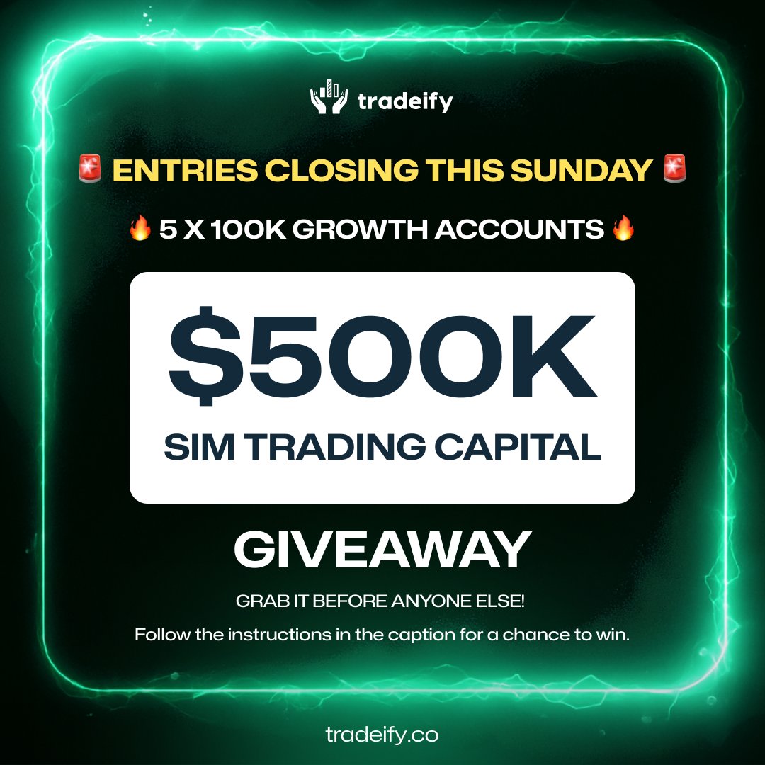 Tradeify's tweet image. 🚨 Last chance!
Giveaway entries close soon - Winners announced Monday!
5 X $100k Growth Accounts for grab 🔥
Don’t miss out! Enter now👇
sweepwidget.com/c/92069-mhdlgz…