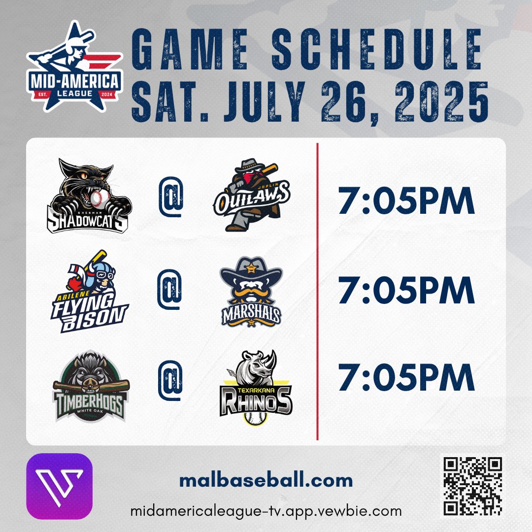 MALBaseball2024's tweet image. GAME DAY SCHEDULE‼️
 
1️⃣ 7:05PM | Sherman @ Joplin
 2️⃣ 7:05PM | Abilene @ Fort Smith
 3️⃣ 7:05PM | Piney Woods @ Texarkana 

📺 midamericaleague-tv.app.vewbie.com  
Follow live stats and game updates here: malbaseball.com/composite