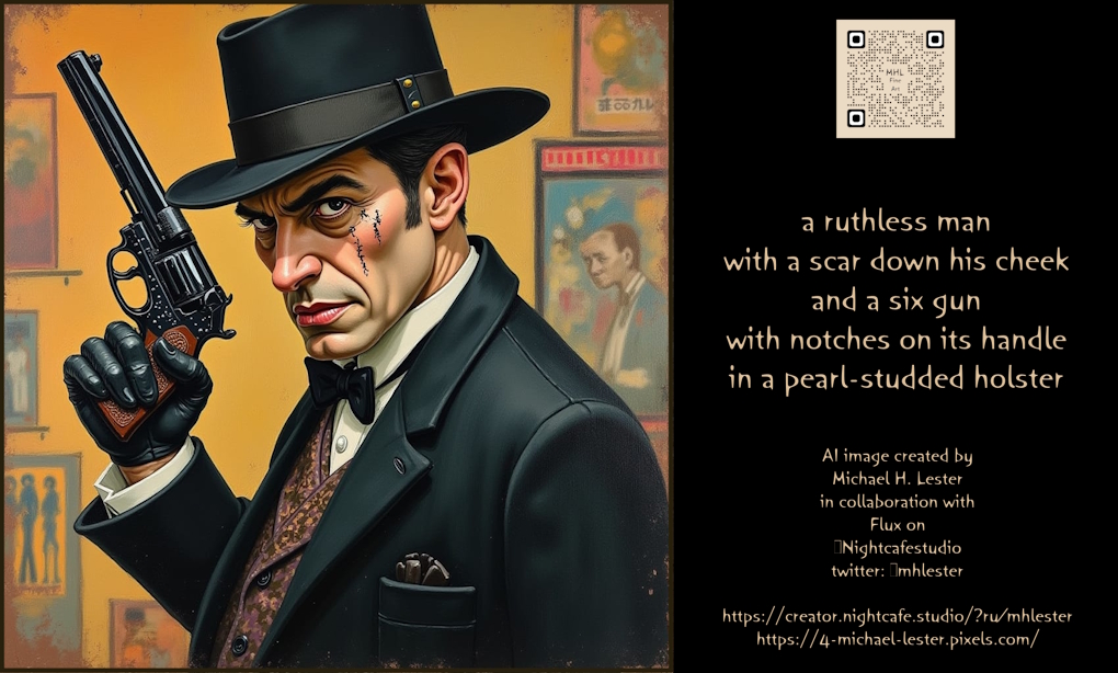 mhlester's tweet image. a ruthless man
with a scar down his cheek
and a six gun
with notches on its handle
in a pearl-studded holster
AI image created by
Michael H. Lester
in collaboration with
Flux on
@Nightcafestudio
creator.nightcafe.studio/?ru=mhlester
4-michael-lester.pixels.com