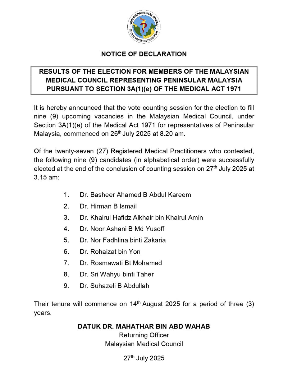 OFFICIAL RESULTS OF THE ELECTION FOR MEMBERS OF THE MALAYSIAN MEDICAL COUNCIL REPRESENTING PENINSULAR MALAYSIA PURSUANT TO SECTION 3A(1)(e) OF THE MEDICAL ACT 1971