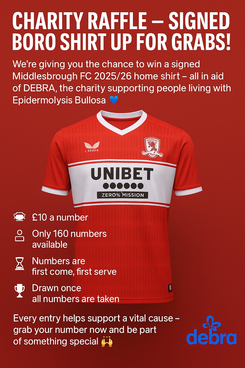 Buzzing to team up with <a href="/Boro/">Middlesbrough FC</a> for an amazing chance to raise funds for a charity close to my heart – <a href="/CharityDEBRA/">DEBRA UK</a> 💙

Fancy a number and supporting a great cause? Drop me a message! 🙌 #UTB #DEBRA.