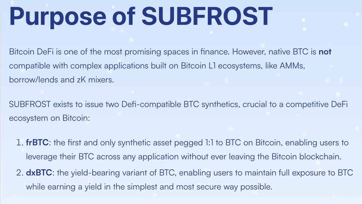 michelepsiu's tweet image. 🚀 What is SUBFROST? The future of #BitcoinDeFi made simple! 🧵👇

1/ Bitcoin’s native BTC can’t easily interact with advanced DeFi apps like AMMs or yield farming on Bitcoin Layer 1.

2/ SUBFROST solves this by creating 2 synthetic BTC assets directly on Bitcoin:

• frBTC   a…