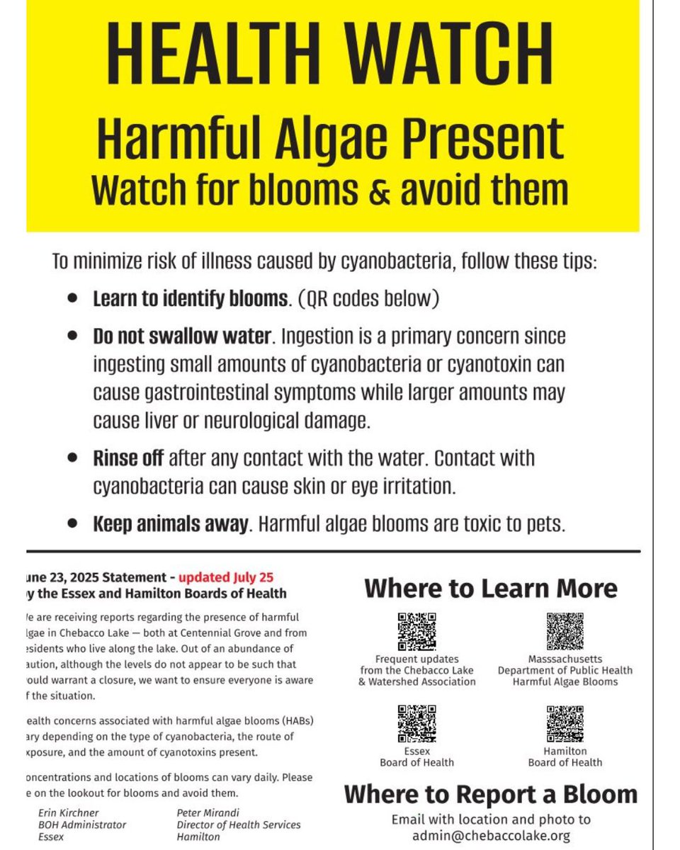 A 2nd potential harmful Cyanobacteria algae bloom has been seen around Chebacco Lake lately. The Chebacco Lake &amp; Watershed Association &amp; Essex Board of Health encourage people to use caution when using the lake. Signs w/info &amp; QR codes are posted at the Boat Ramp in Hamilton.