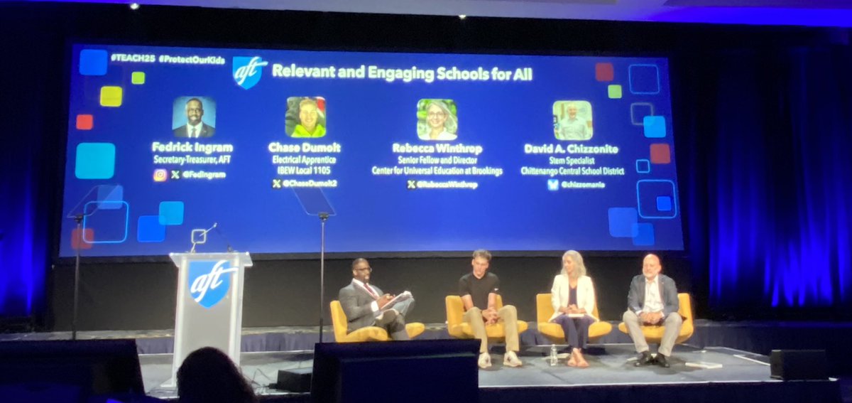 CTE, technology and STEM can be both relevant and engaging while we engage kids to learn better, feel better and live better! <a href="/fedingram/">Fedrick Ingram</a> hosted a great panel
with <a href="/ChaseDumolt2/">Chase</a> , <a href="/RebeccaWinthrop/">Rebecca Winthrop</a> and David Chizzonite at <a href="/AFTunion/">AFT</a> #TEACH25