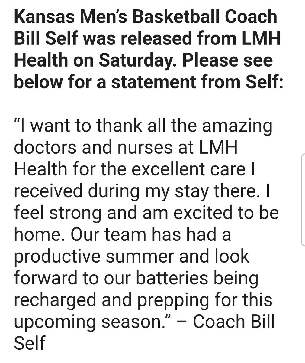 JayhawkSlant's tweet image. In a release from KU, Bill Self has been released from the hospital. #kubball