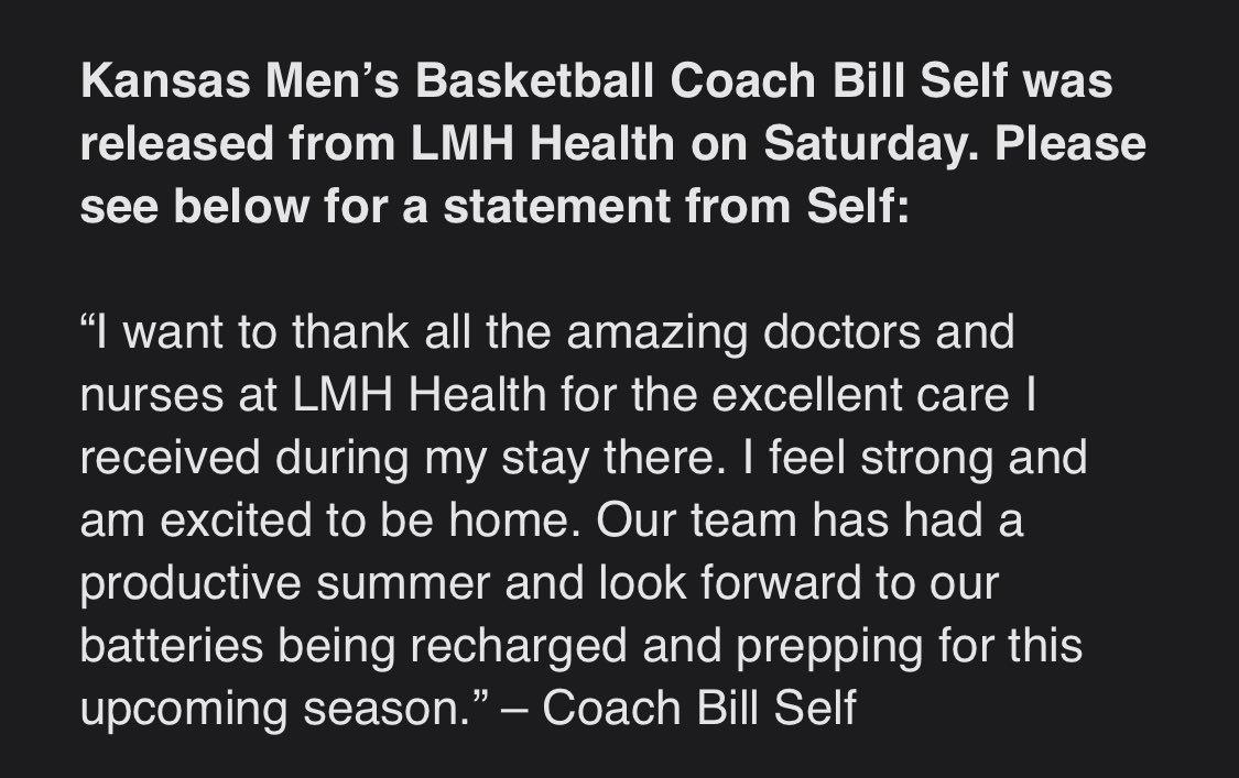 MSwain247's tweet image. NEW: Bill Self has been released from the hospital. #KUbball