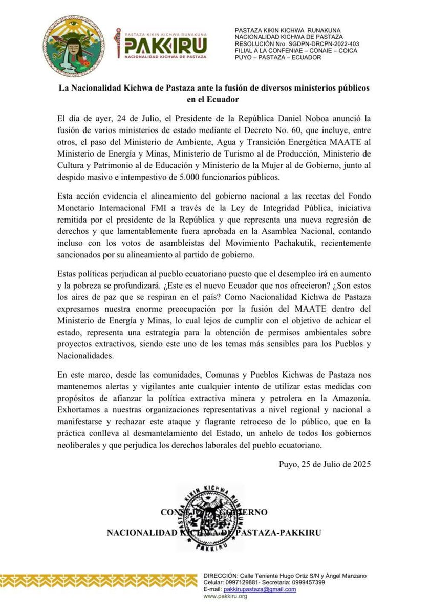 RedKapari's tweet image. #Atención
Organizaciones en la provincia de #Pastaza rechazan decreto N60 de Noboa
La Nacionalidad Kichwa de #Pastaza expresó su rechazo a la fusión de ministerios públicos anunciada por el presidente Daniel Noboa mediante el Decreto No. 60.
En un pronunciamiento difundido el…