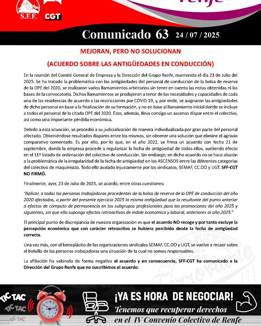 🟣 Renfe

MEJORAN, PERO NO
(ACUERDO SOBRE ANTIGÜEDADES CONDUCCIÓN)
☘️ vm.tiktok.com/ZNduw5gKm/
☘️ m.facebook.com/story.php?stor…
Síguenos en nuestras RRSS #seguidores #sffcgt #cgtandaluciaceutaymelilla #ferroviario <a href="/destacar/">ISABEL FERNANDEZ AR</a> <a href="/SFFCGT/">CGT Sector Federal Ferroviario</a> <a href="/SGeneral_SFFCGT/">Secretaría General SFF-CGT</a> <a href="/sffcgtmalaga/">Ferroviari@s Málaga CGT</a> <a href="/CGT_A/">CGT Andalucia</a>
