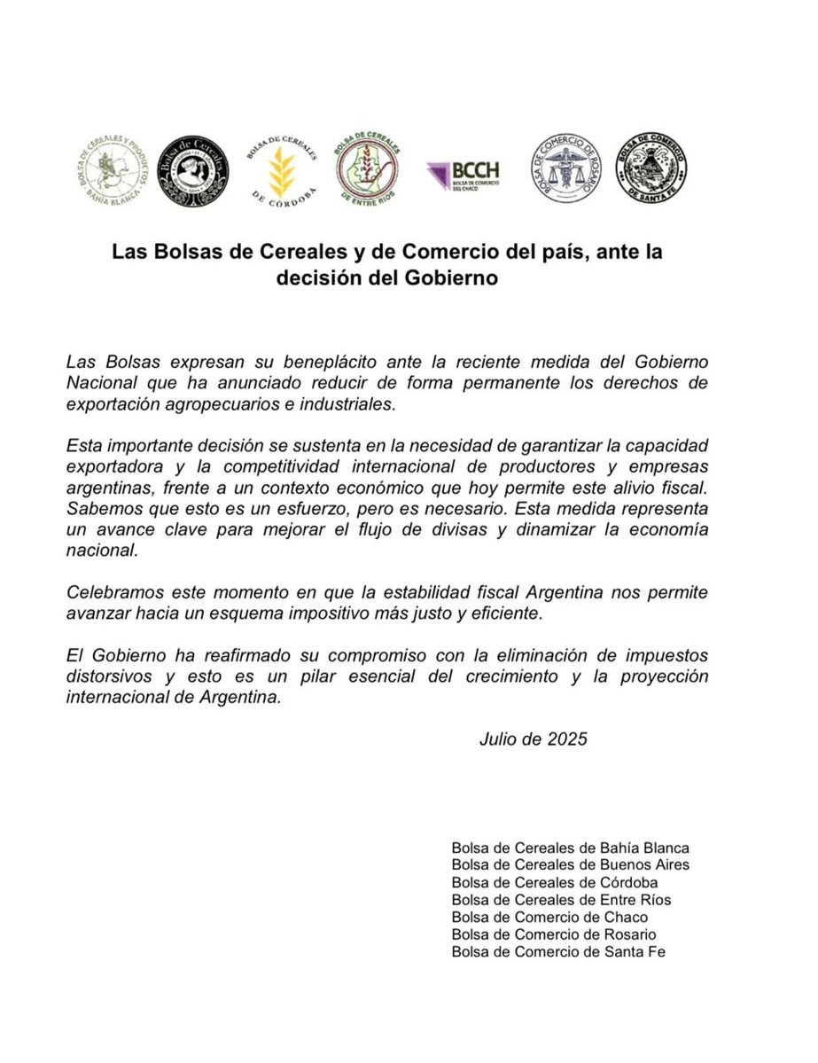 🆕Las Bolsas de Cereales y de Comercio del país, ante la decisión del Gobierno
Las Bolsas expresan su beneplácito ante la reciente medida del Gobierno Nacional que ha anunciado reducir de forma permanente los derechos de exportación agropecuarios e industriales.
Link al Doc.