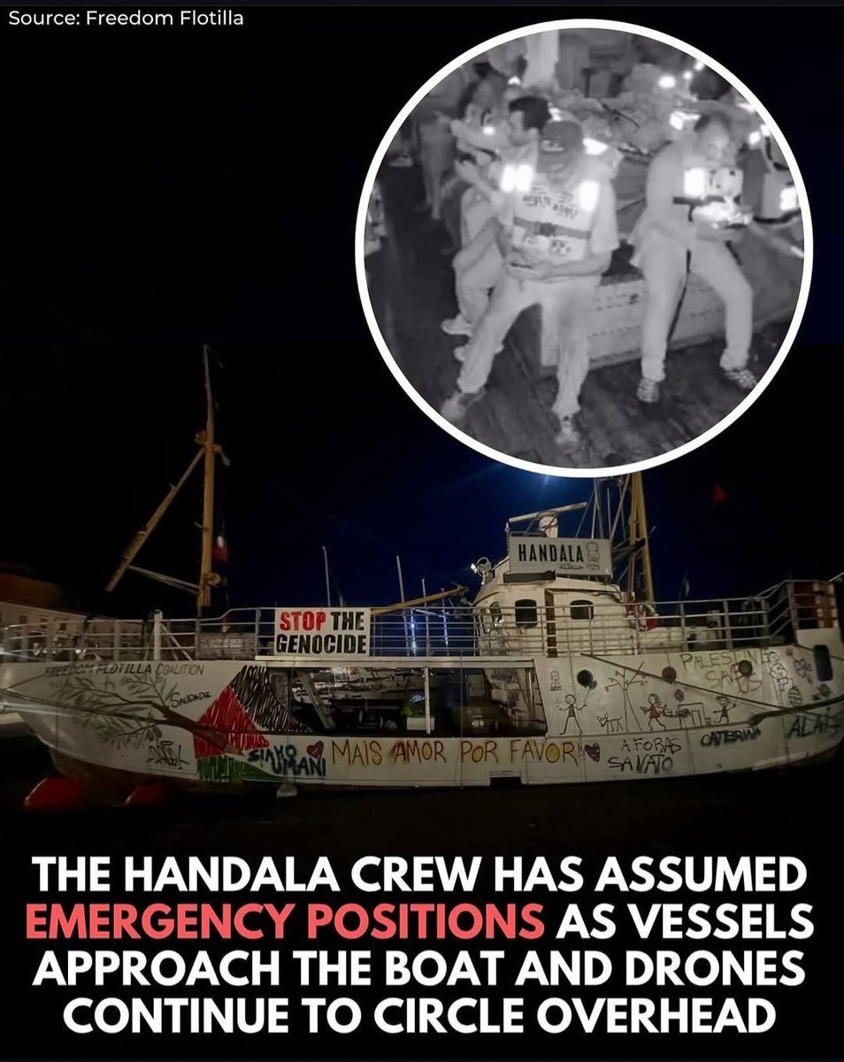 TrueTruth64's tweet image. 🚨🗣️BREAKING: Two Israeli boats and drones are closing in on the Handala vessel as it nears Gaza’s shores, attempting to break the blockade and deliver life-saving aid to Palestinians. Tensions are rising at sea as the world watches.

#VibeMe #Handala #TrumpIsAPedoRapist