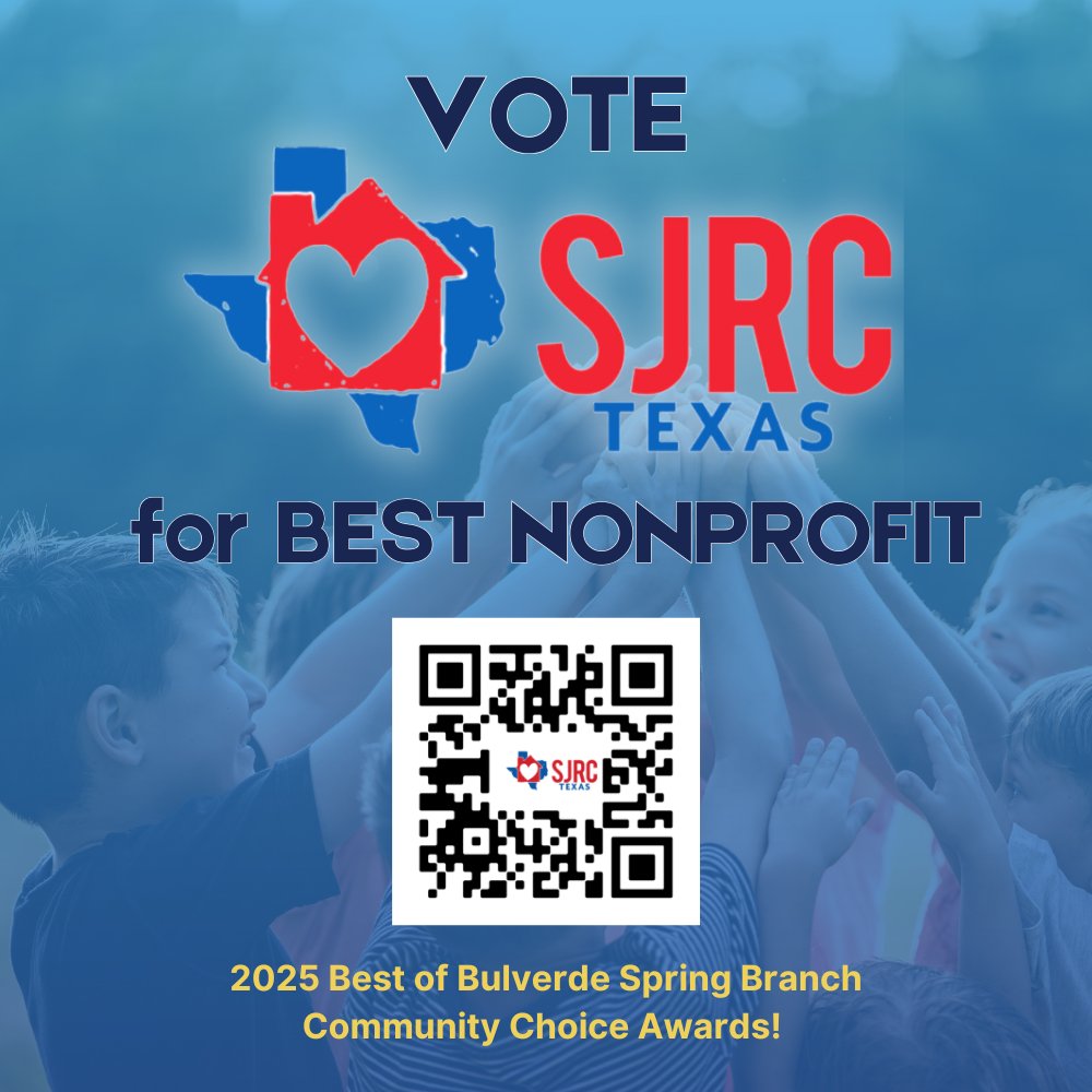 Don't forget that #SJRCTexas has been nominated for Best Non-profit at the #2025BestOfBulverdeSpringBranch Community Choice Awards!🎉🌟

Voting open today through 7/31! Scan the QR code or use the link below to submit your vote‼️
bit.ly/4kw3Kpp

Stay tuned for updates🫶