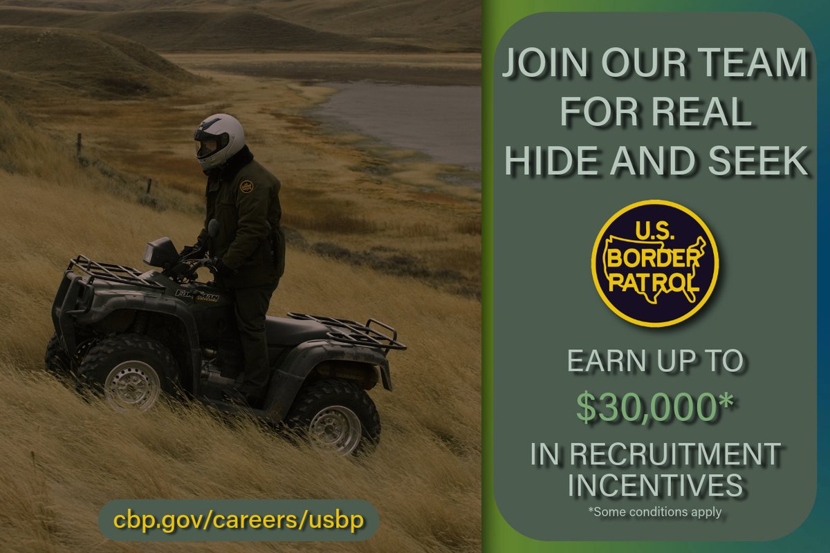USBPChiefDTM's tweet image. Secure the Border. Secure your Future.

US BORDER PATROL IS NOW HIRING!!! 

Hiring incentive up to $30,000. 

CLICK HERE TO APPLY!! careers.cbp.gov/s/connect-to-r…

Visit cbp.gov/careers/usbp for more information.