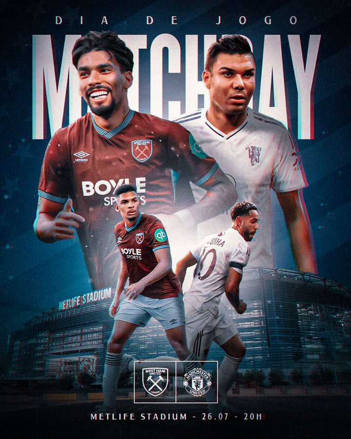 whu_br's tweet image. Hoje às 20h acontece o segundo jogo preparatório do West Ham na pré-temporada. A equipe enfrenta o Manchester United em sua partida de abertura da Premier League Summer Series, torneio amistoso nos EUA, no MetLife Stadium, em Nova Jersey.
