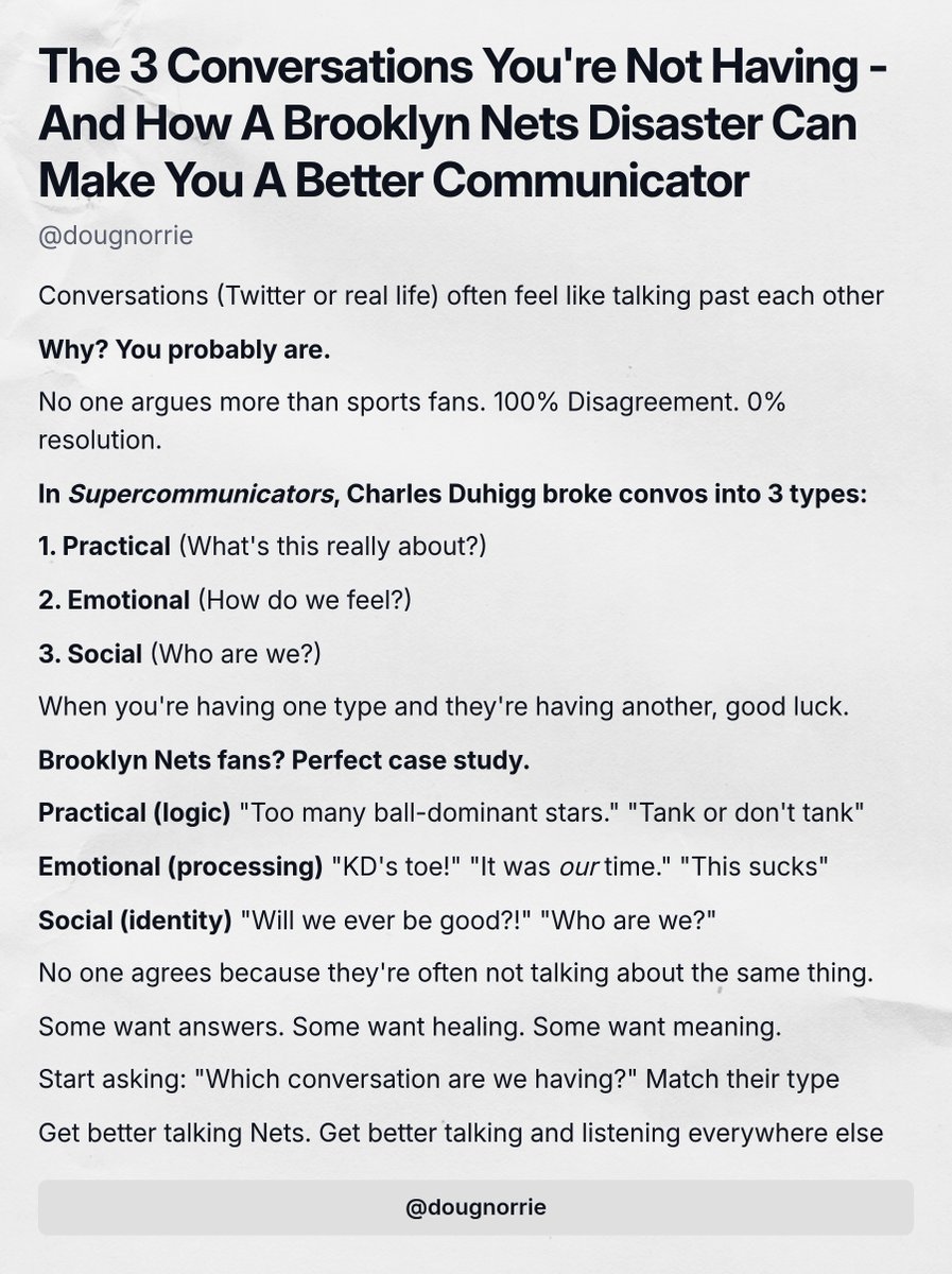 DougNorrie's tweet image. Brooklyn Nets (and NBA) fans argue about everything and agree on nothing.
They're perfect examples of what we all do wrong in conversations.
There's a communication lesson hidden in sports debates that we should bring into real life, with, you know, real-life people