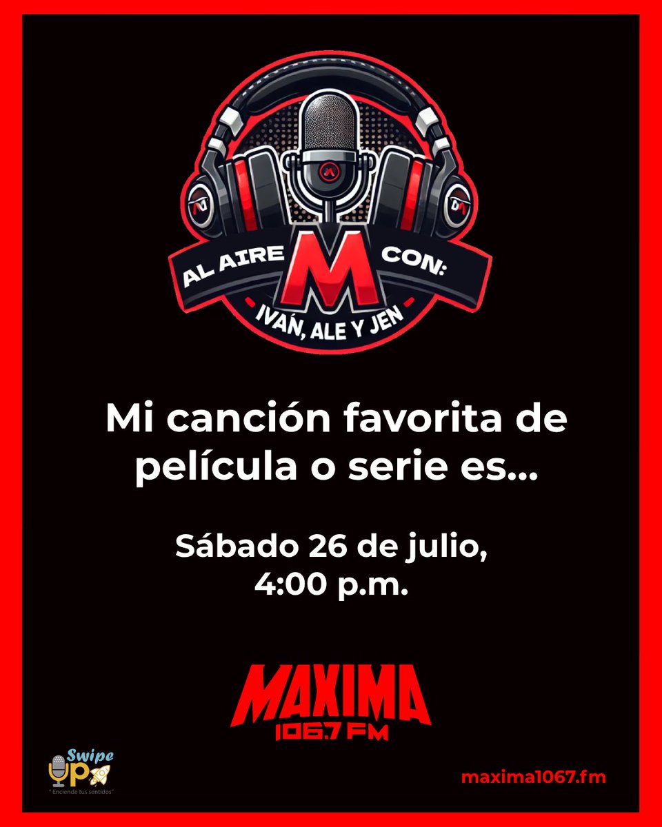 HolaSoyJennFM (@holasoyjennfm) on Twitter photo Escúchanos hoy #AlAire habláremos de “Mi #canción 🎶 favorita de #película 📽️o #serie es…🍿”
Acompáñanos en esta divertida tarde a <a href="/IvanMichelfm/">Iván Michel</a> <a href="/AleeYudelevy/">Alejandra Magallanes ♔</a> y a mí 😘 para compartir cual o cuáles son las tuyas
En punto de las 4:00pm a través de
<a href="/MAXIMA1067FM/">MÁXIMA 106.7 FM</a> Escúchanos hoy #AlAire habláremos de “Mi #canción 🎶 favorita de #película 📽️o #serie es…🍿”
Acompáñanos en esta divertida tarde a <a href="/IvanMichelfm/">Iván Michel</a> <a href="/AleeYudelevy/">Alejandra Magallanes ♔</a> y a mí 😘 para compartir cual o cuáles son las tuyas
En punto de las 4:00pm a través de
<a href="/MAXIMA1067FM/">MÁXIMA 106.7 FM</a>