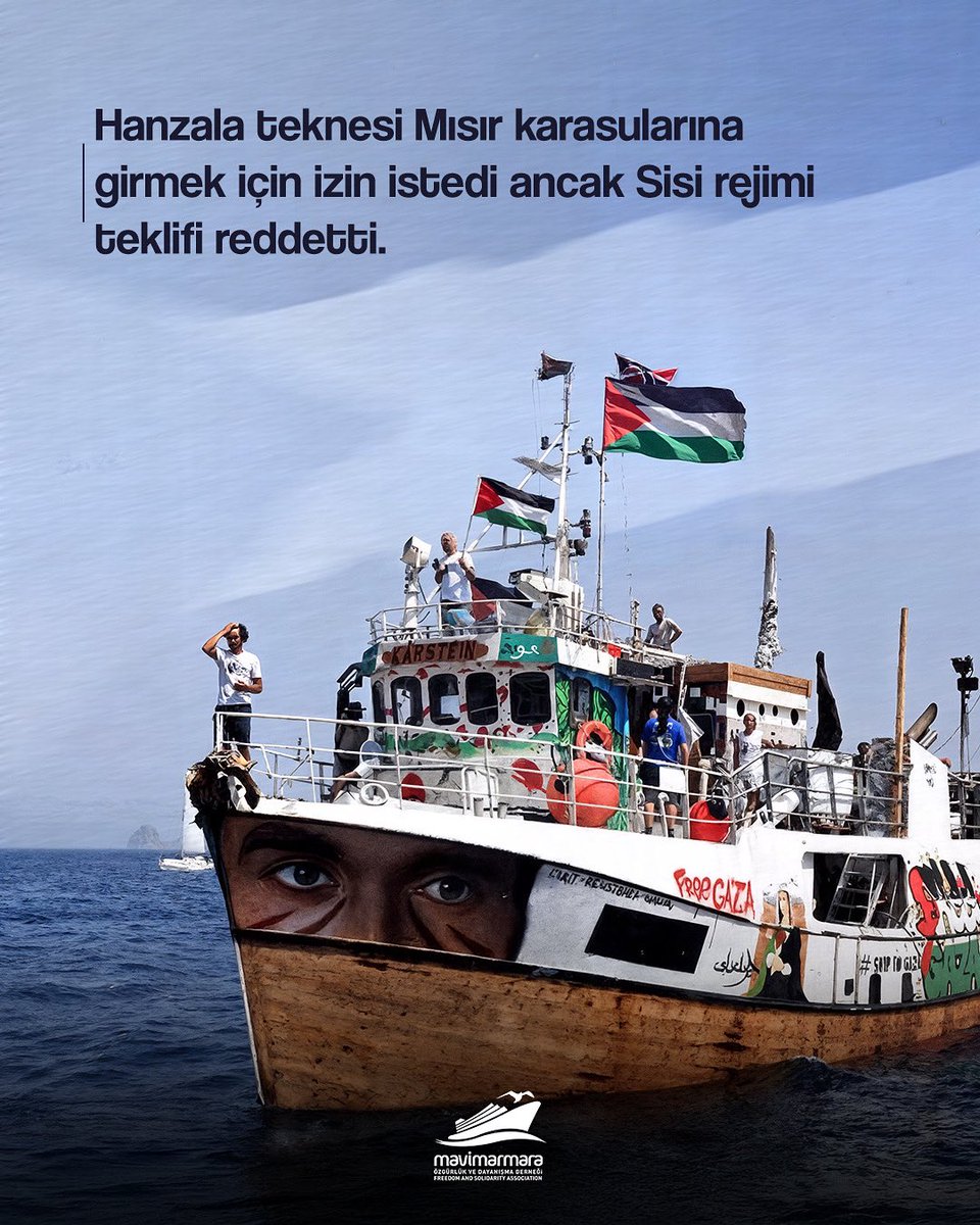 mavimarmaratr's tweet image. 🔵Güncel Durum
Hanzala Gemisi, Mısır karasularına girmek için izin istedi ancak Sisi rejimi bu talebi reddetti.