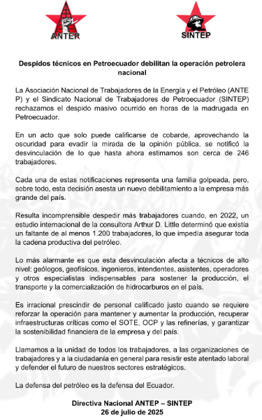 EcEnDirecto's tweet image. #ATENCIÓN
@antep_ec informó que 246 técnicos de Petroecuador fueron despedidos en la madrugada, entre ellos geólogos, geofísicos e ingenieros clave. La organización advirtió que esta decisión afecta seriamente la operatividad de la principal empresa estatal y señaló que defender…