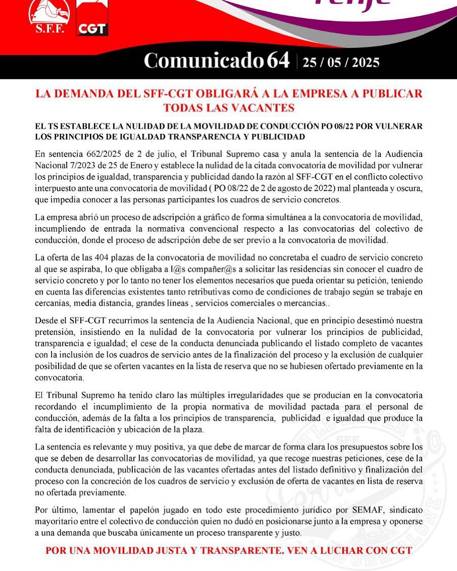 🟣 Renfe

LA DEMANDA DEL SFF-CGT OBLIGARÁ A PUBLICAR TODAS LAS VACANTES
☘️ vm.tiktok.com/ZNduw7cQK/
☘️ m.facebook.com/story.php?stor…
Síguenos en nuestras RRSS #seguidores #sffcgt #cgtandaluciaceutaymelilla #ferroviario <a href="/destacar/">ISABEL FERNANDEZ AR</a> <a href="/SFFCGT/">CGT Sector Federal Ferroviario</a> <a href="/SGeneral_SFFCGT/">Secretaría General SFF-CGT</a> <a href="/sffcgtmalaga/">Ferroviari@s Málaga CGT</a> <a href="/CGT_A/">CGT Andalucia</a>