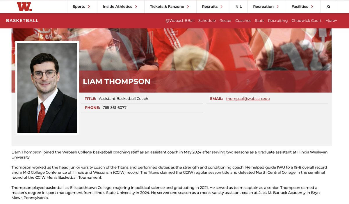 Bob Quillman (@iwuhoopscom) on Twitter photo Big news for <a href="/IWUBasketball/">Illinois Wesleyan Basketball</a>, as former grad assistant Liam Thompson (<a href="/LThompsonHoops/">Liam Thompson</a>) has been hired as a full-time assistant to Ron Rose. Liam was an assistant at Wabash last season.
This will give the Titans two full-time assistants...didn't even have one full-time until 5 Big news for <a href="/IWUBasketball/">Illinois Wesleyan Basketball</a>, as former grad assistant Liam Thompson (<a href="/LThompsonHoops/">Liam Thompson</a>) has been hired as a full-time assistant to Ron Rose. Liam was an assistant at Wabash last season.
This will give the Titans two full-time assistants...didn't even have one full-time until 5