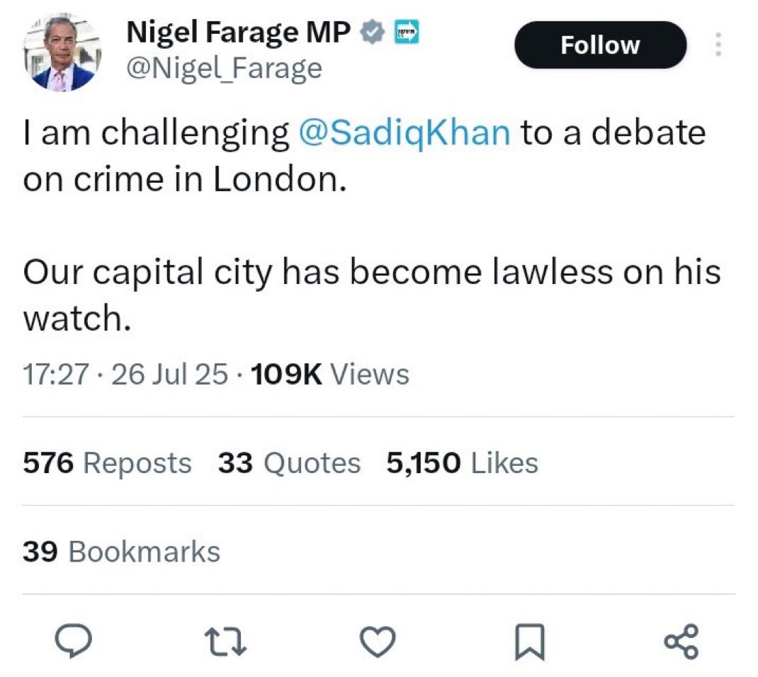 So the FagAsh Fuhrer still hasn’t worked out where his constituency is. He can eff off with his pathetic attention-seeking challenges. He has no business nor authority in London &amp; can keep his Pinocchio nose out of our affairs.