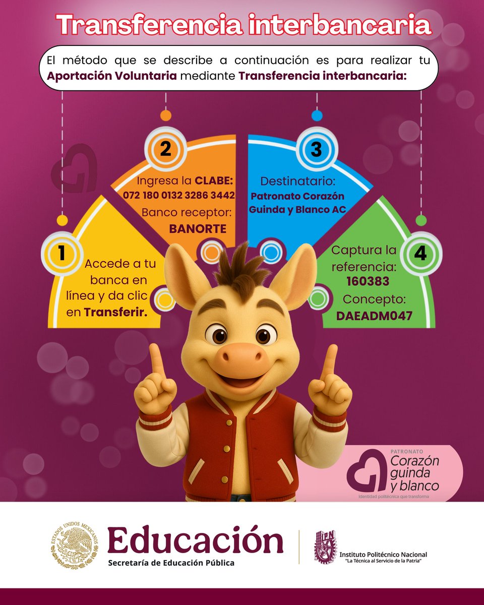 📢 ¡Aspirantes al IPN para el periodo 26-2, ya puedes realizar tu aportación voluntaria para el Proceso de Admisión!

🏧 Cajero Banorte
📱 Banorte Móvil
💻 Transferencia SPEI

⚠️ Recuerda: si la referencia no se especifica correctamente, la aportación no será válida.