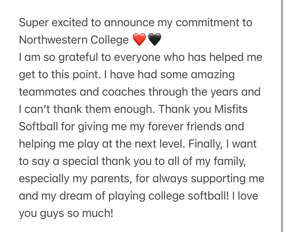 Nettie Parsons (@nettiepars72604) on Twitter photo Committed!! Can’t wait to be a Raider❤️🖤
#goraiders #agtg
<a href="/NWCSoftball/">Northwestern College Softball 🥎</a> <a href="/MnMisfits/">Mn Misfits Softball</a> Committed!! Can’t wait to be a Raider❤️🖤
#goraiders #agtg
<a href="/NWCSoftball/">Northwestern College Softball 🥎</a> <a href="/MnMisfits/">Mn Misfits Softball</a>