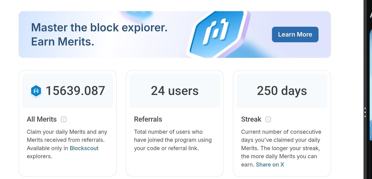 oluseundaniel7's tweet image. 250 days strong on #Blockscout! 🚀
15,639+ Merits earned, 24 referrals, and still climbing the ranks.
Consistency is the secret — one click a day builds tomorrow’s rewards.

Start your streak today and thank yourself later:
👉 eth.blockscout.com/?ref=2WBTSC

Every streak starts with Day…