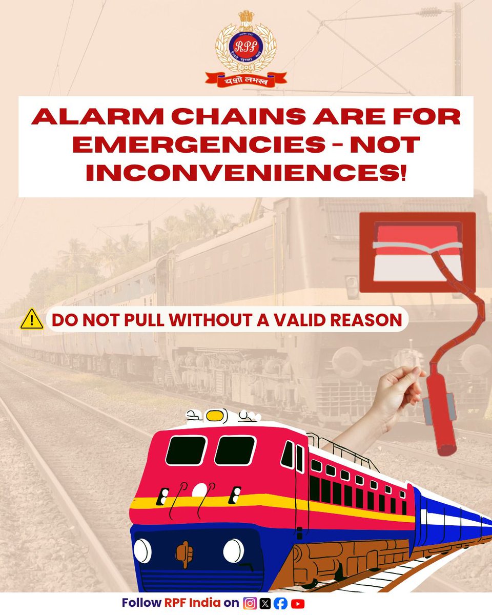 Avoid Misuse of Alarm Chains in Trains!
Unnecessary Alarm Chain Pulling (ACP) delays thousands &amp; affects lakhs of passengers.
🔴 Pull only in emergencies.
📞 Use Helpline 139 or inform the TTE for any grievance.
<a href="/RailMinIndia/">Ministry of Railways</a>