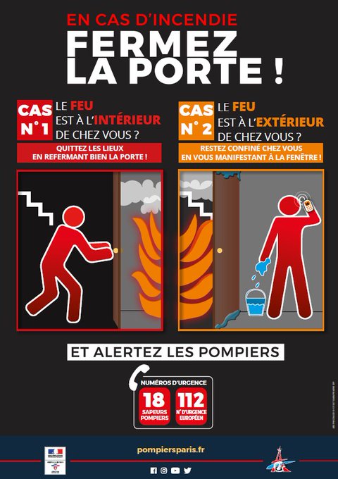 Prefet92's tweet image. ℹ️#DimancheConseil 
En cas d’#incendie à votre domicile, si vous devez évacuer, pensez toujours à fermer la porte de la pièce et de votre logement, sans la verrouiller.
🚪Une porte fermée va retarder la propagation du #feu.