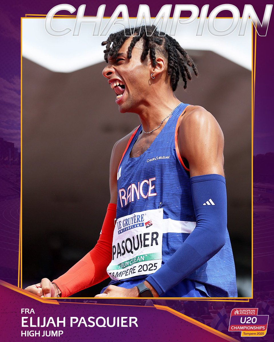 EuroAthletics's tweet photo. Another high jumping showman! 🕺

Elijah Pasquier 🇫🇷 soars over a French U20 record of 2️⃣.2️⃣5️⃣m to win high jump gold in #Tampere2025! https://t.co/HMLZr7eVWG