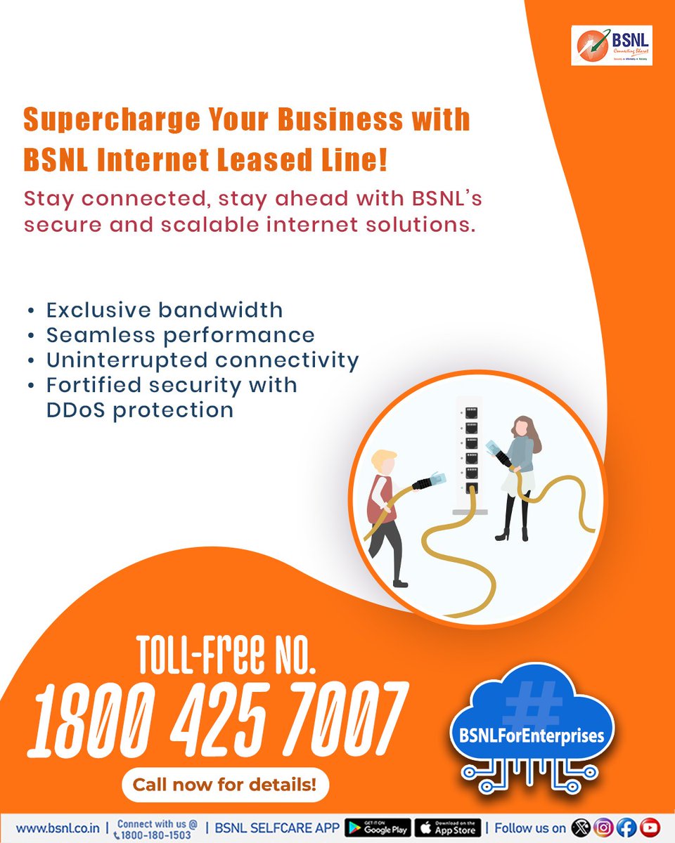 BSNLCorporate's tweet image. Supercharge Your Business with BSNL Internet Leased Line
Secure | Scalable | Exclusive Bandwidth
Experience seamless performance, uninterrupted connectivity, and fortified DDoS protection for your enterprise.

Call 1800 425 7007 for details.

#BSNLIndia #VPN #EnterpriseSolutions…