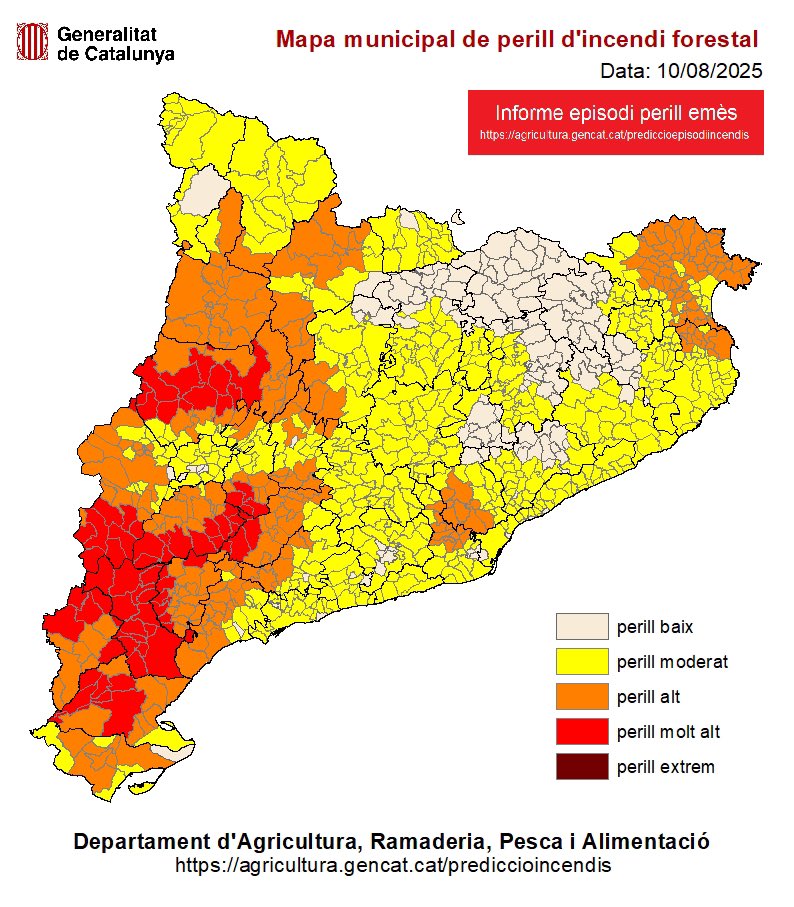 Continua l'increment gradual del perill d'incendi per avui diumenge, i demà es preveu que assolirem un dels màxims dins de l'episodi de perill.

🔴 72 municipis en perill molt alt
🟠 243 en alt

☎️Molta precaució i si veus foc o fum, truca al <a href="/112/">112</a>.