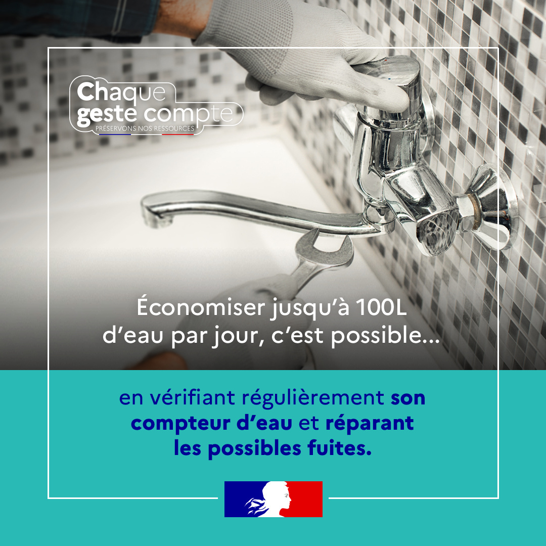 #ChaqueGesteCompte 

👉 Pour repérer les fuites et pouvoir les réparer : relevez le compteur d'eau le soir avant d'aller vous coucher puis le matin avant d'utiliser de l'eau.
Si le compteur a augmenté pendant la nuit, c'est qu'il y a une fuite !

Découvrez les bons gestes pour