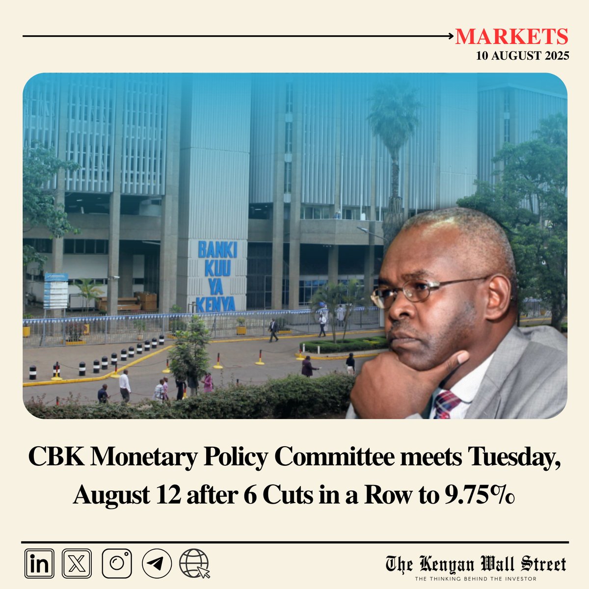 🗓️ Policy Calendar

CBK Monetary Policy Committee meets Tuesday, August 12.
The bank has cut for 6 straight meetings from a 13% peak to 9.75% after a 25bps cut in June.