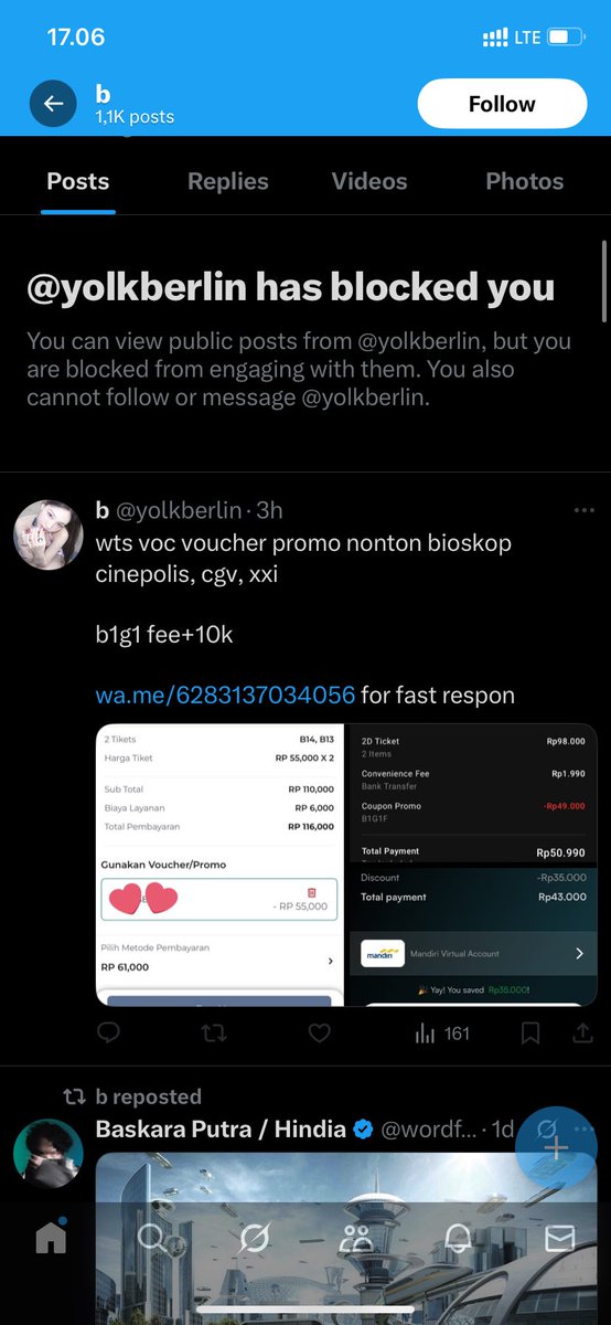 marijoki's tweet image. wts voc voucher promo nonton bioskop cinepolis, cgv, xxi

YG CARI PROMO INI HATI HATI SAMA @yolkberlin PENIPUUUUU

+62 838-6970-3689

+62 831‑3703‑4056

0882-0206-50130

nomer wa si penipu