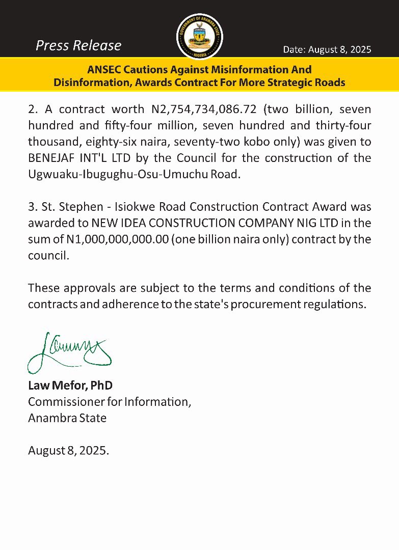 DrLaw_Mefor's tweet image. ANSEC warns against misinformation ahead of elections &amp;amp; approves ₦4.4bn+ for 3 more major strategic road projects in Anambra.

Read through for more Details: ⬇️

#SolutionContinues #LeadershipInAction