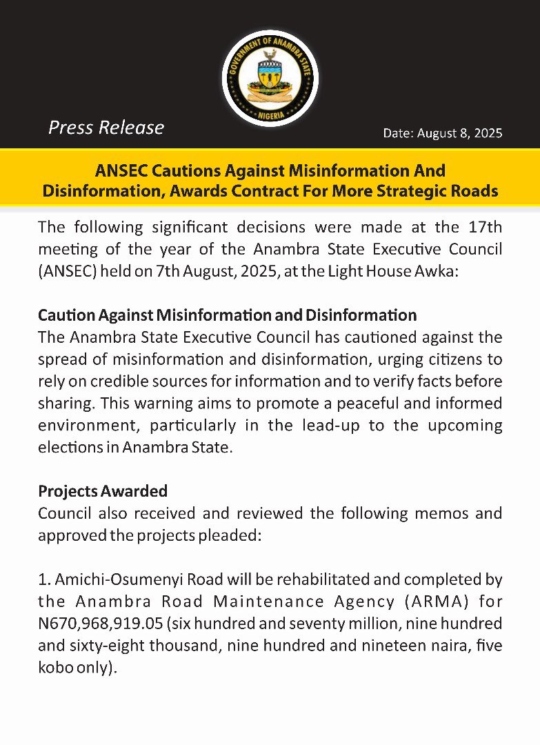 DrLaw_Mefor's tweet image. ANSEC warns against misinformation ahead of elections &amp;amp; approves ₦4.4bn+ for 3 more major strategic road projects in Anambra.

Read through for more Details: ⬇️

#SolutionContinues #LeadershipInAction