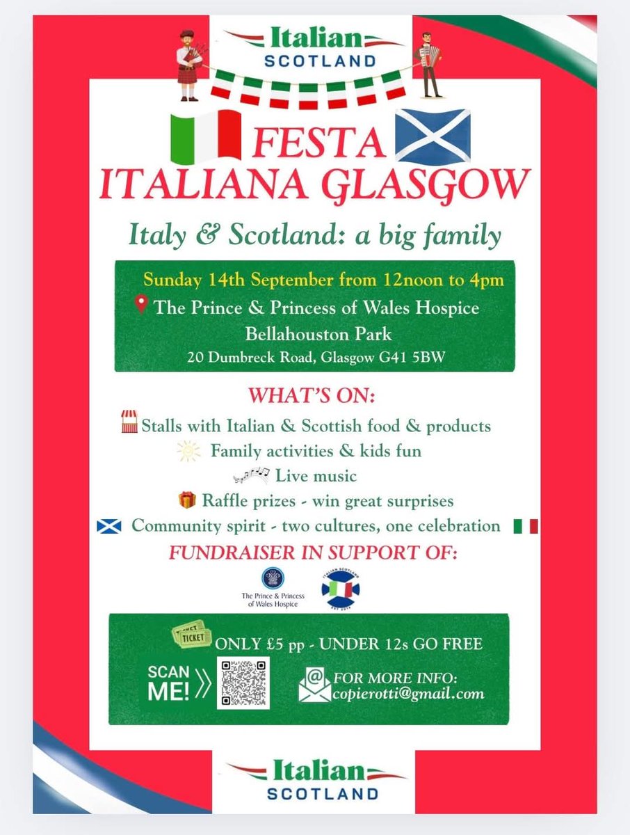 italianscotland@aol.com (@italianscot1) on Twitter photo ๐ฎ๐นโจ 5 Weeks to Go! โจ๐ฎ๐น
The countdown begins! Just five weeks until Glasgow comes alive with the sights, sounds, and flavours of Festa Italiana ๐๐๐ถ This is one event you wonโt want to miss.
๐
Mark your calendars. Stay tuned-each week weโll reveal more of whatโs in store! ๐ฎ๐นโจ 5 Weeks to Go! โจ๐ฎ๐น
The countdown begins! Just five weeks until Glasgow comes alive with the sights, sounds, and flavours of Festa Italiana ๐๐๐ถ This is one event you wonโt want to miss.
๐
Mark your calendars. Stay tuned-each week weโll reveal more of whatโs in store!