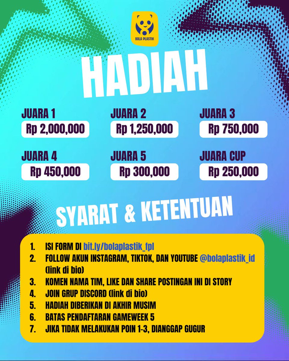 ⚡️LIGA FPL BOLA PLASTIK⚡️

Buktiin kalo lo bukan fans plastik dengan gabung ke Liga FPL "Turnamen Bola Plastik".
💰Total hadiahnya Rp 5.000.000 broooo!

Kode Liga:
UXJN88

Cek syarat &amp; ketentuannya dah ye buat ikutan.