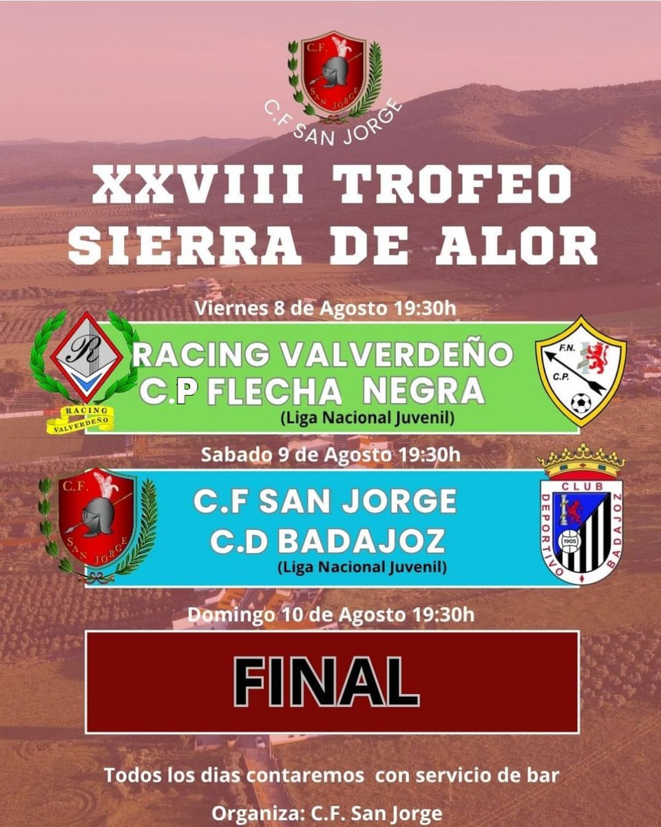 FINAL XXVIII TROFEO SIERRA DE ALOR

Hoy tendrá lugar la final de una nueva edición del Trofeo Sierra de Alor entre C.D. Badajoz Juvenil y Racing Valverdeño.

Habrá servicio de bar 🍻

Os esperamos!!

Aúpa San Jorge 🔴⚪
